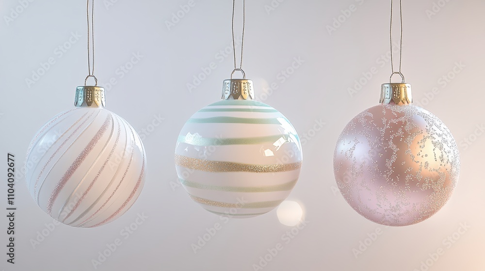 Geometric pastel baubles trio with stripes and dots on gradient background Geometric pastel baubles trio with stripes and dots on gradient background