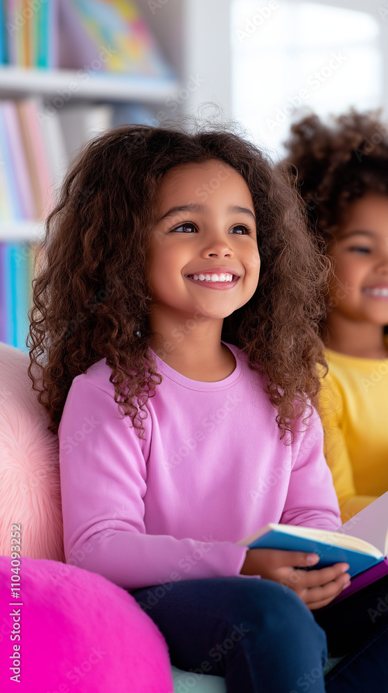 Young children happily reading in a cozy nook. Young children happily reading in a cozy nook.