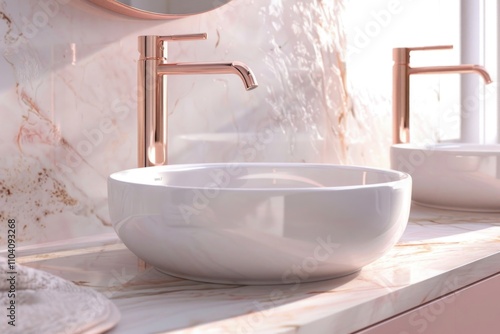 A modern bathroom featuring two sinks and a mirror photo