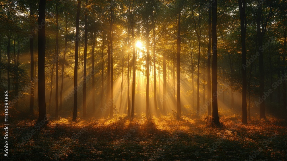 Fototapeta premium A serene forest scene illuminated by sunlight filtering through trees, creating a tranquil atmosphere.