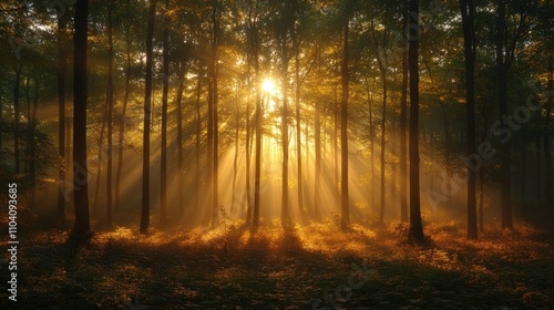 A serene forest scene illuminated by sunlight filtering through trees, creating a tranquil atmosphere.