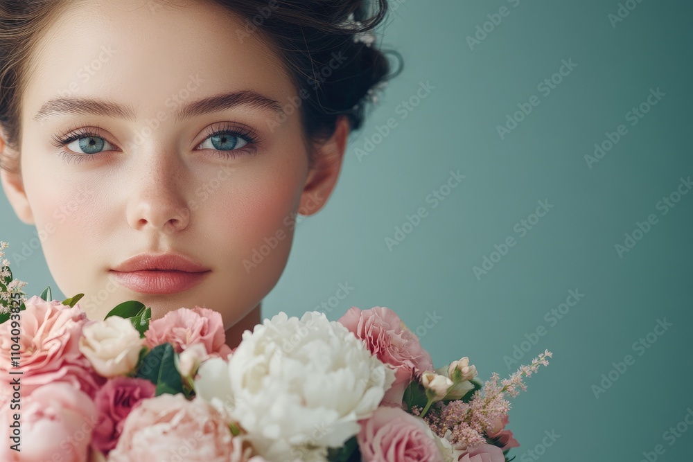 A close-up portrait of a bride holding a lush and colorful bouquet of pink and white flowers against a soft green background, highlighting beauty and femininity. A close-up portrait of a bride holding a lush and colorful bouquet of pink and white flowers against a soft green background, highlighting beauty and femininity.