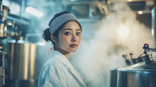 Japanese female sake brewer inspecting fermentation vat in Niigata brewery photo