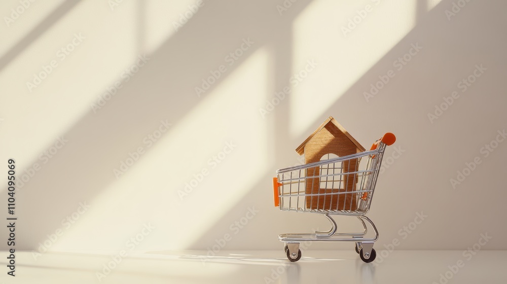 Miniature wooden house in metal shopping cart on white background Miniature wooden house in metal shopping cart on white background