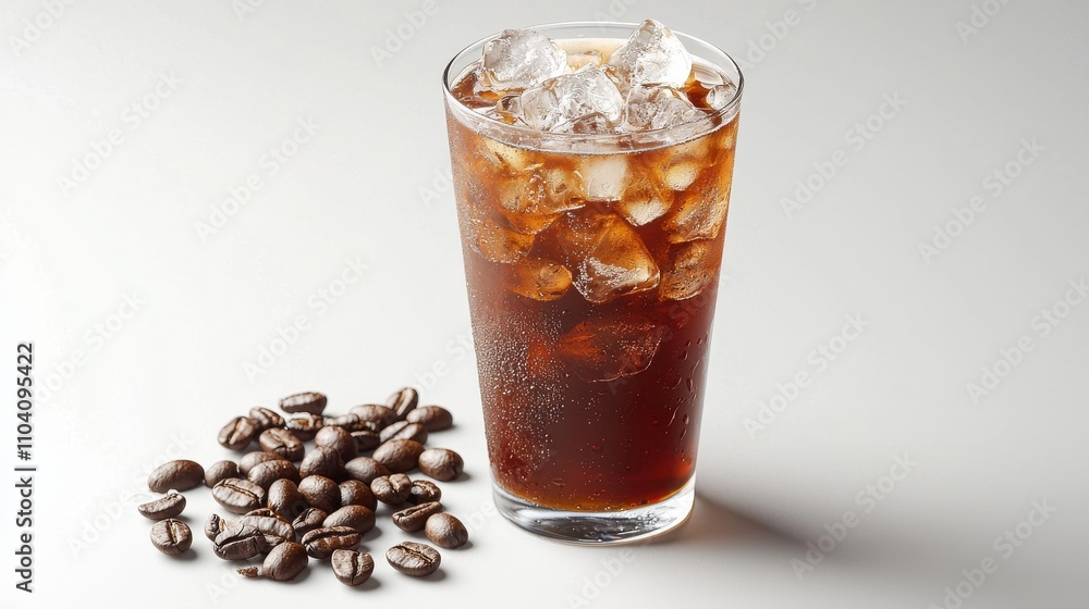 A refreshing glass of iced coffee with ice cubes, accompanied by coffee beans, perfect for a cool drink on a warm day. A refreshing glass of iced coffee with ice cubes, accompanied by coffee beans, perfect for a cool drink on a warm day.