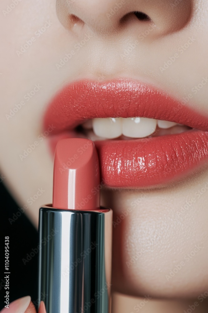 Obraz premium A close-up image of glossy, full lips as a shade of pink lipstick is being applied, highlighting beauty, texture, and a touch of luxurious sensuality.