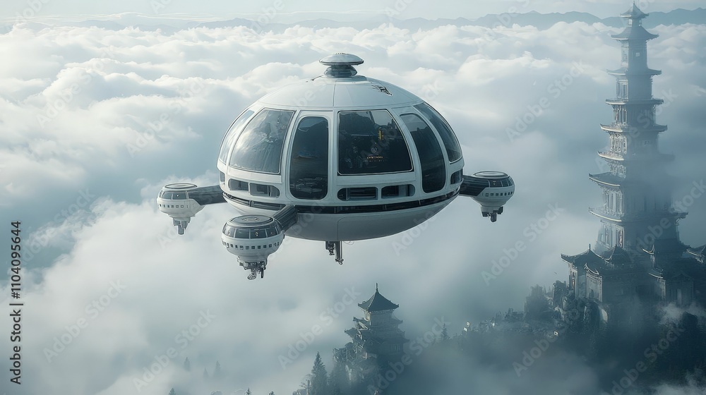 dystopia society concept. A futuristic aircraft glides above the clouds, showcasing a unique design and a distant pagoda structure beneath it. dystopia society concept. A futuristic aircraft glides above the clouds, showcasing a unique design and a distant pagoda structure beneath it.