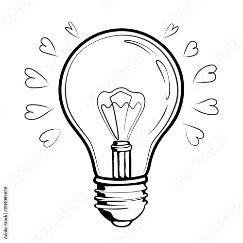 Light bulb with line hearts vector drawing. Bulb icon. Idea with love. Black doodle sketch. Hand drawn. Illustration for concept design.