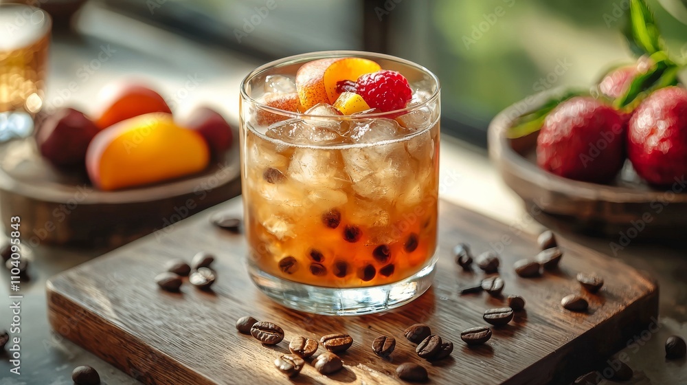 A refreshing cocktail in a glass with ice, garnished with fruits, surrounded by coffee beans and fresh fruit on a wooden table. A refreshing cocktail in a glass with ice, garnished with fruits, surrounded by coffee beans and fresh fruit on a wooden table.