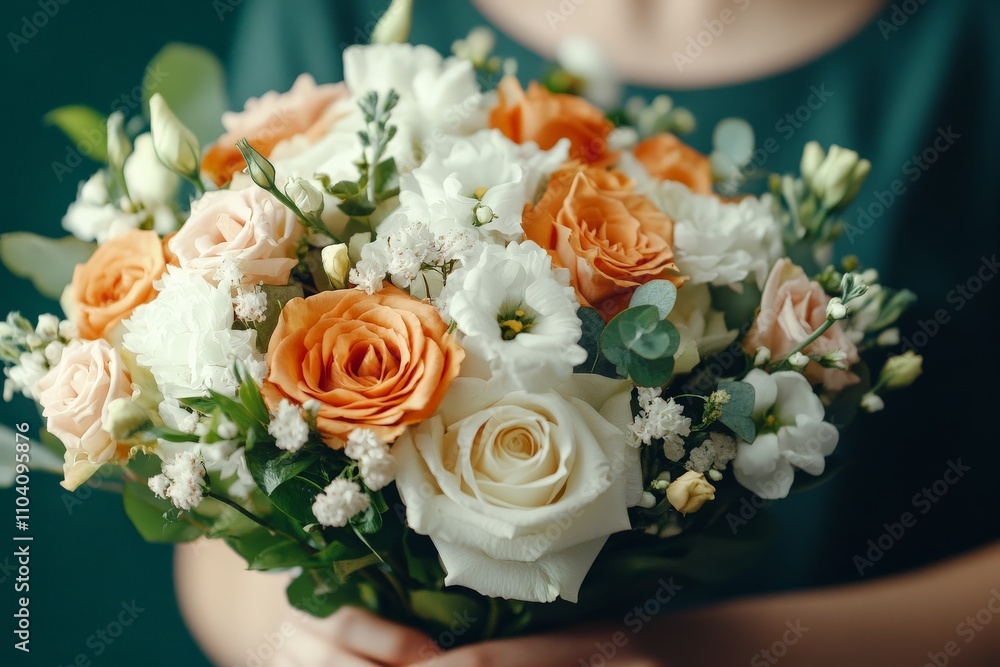 A stunning bouquet featuring mixed orange, white, and peach roses with lush green foliage, creating a harmonious and fresh floral arrangement for any occasion. A stunning bouquet featuring mixed orange, white, and peach roses with lush green foliage, creating a harmonious and fresh floral arrangement for any occasion.