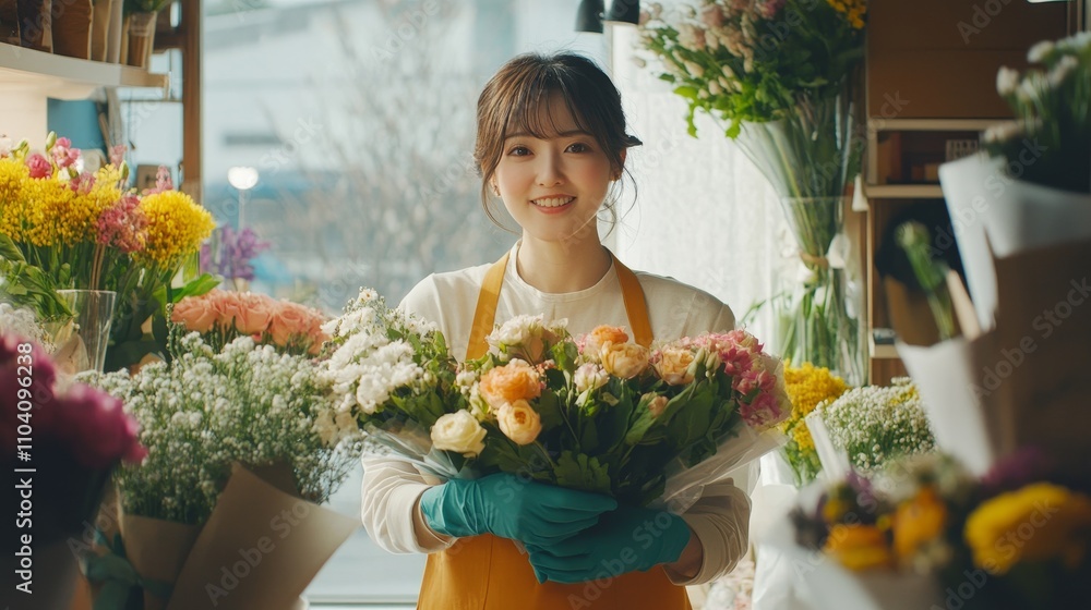 Japanese floral designer arranging seasonal flowers in Hokkaido cinematic portrait Japanese floral designer arranging seasonal flowers in Hokkaido cinematic portrait