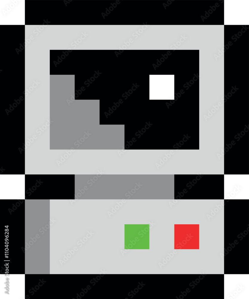 A pixelated computer monitor with a green button and a red button A pixelated computer monitor with a green button and a red button