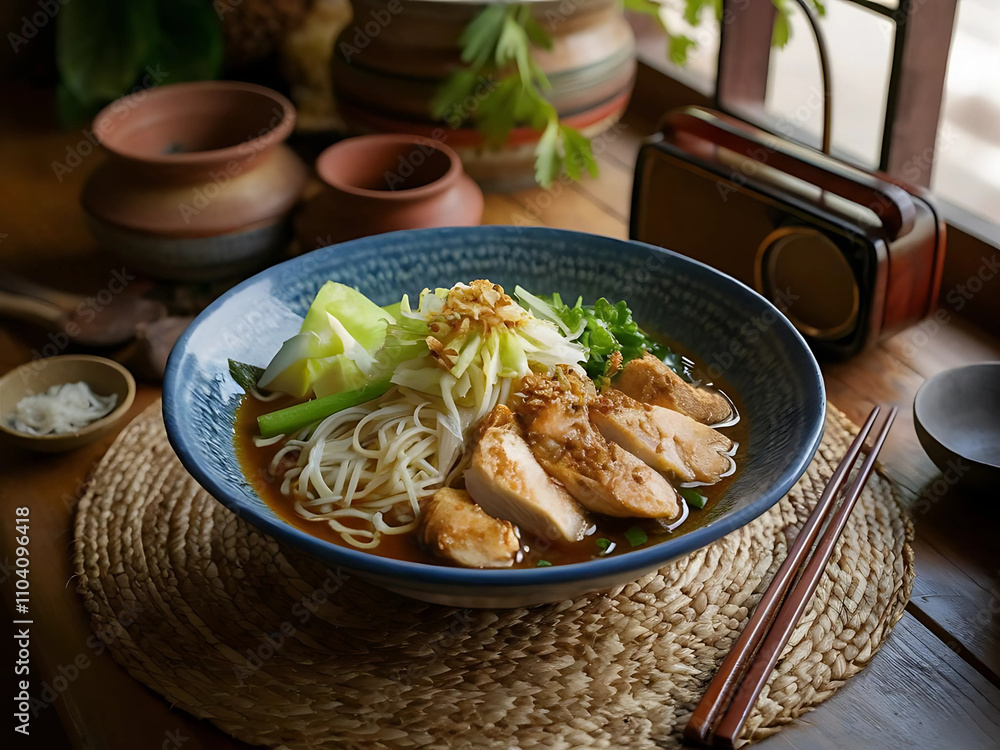Traditional Indonesian Chicken Noodles with Authentic Toppings Traditional Indonesian Chicken Noodles with Authentic Toppings
