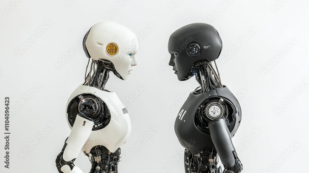 dystopia society concept. Two humanoid robots, one white and one black, face each other against a neutral background, symbolizing technology and diversity in robotics. dystopia society concept. Two humanoid robots, one white and one black, face each other against a neutral background, symbolizing technology and diversity in robotics.
