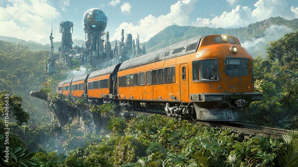 Fototapeta premium dystopia society concept. A vibrant orange train travels through lush greenery, passing futuristic structures under a bright sky, blending nature and technology.