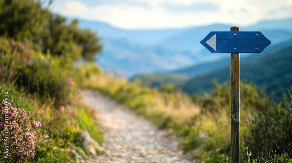 A tranquil pathway leads into the mountains, marked by a blue directional sign indicating the route ahead. A tranquil pathway leads into the mountains, marked by a blue directional sign indicating the route ahead.