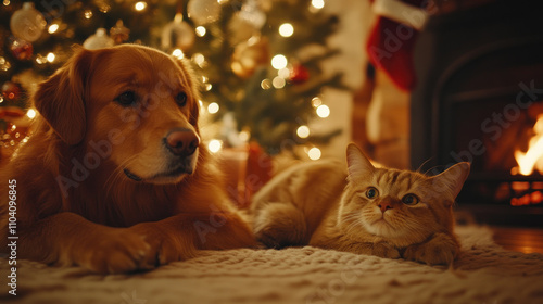 Cozy Christmas Morning with Pets by the Fireplace