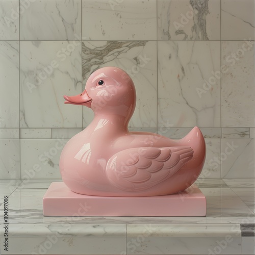 A charming pink rubber ducky sculpture displayed against a sleek marble background, perfect for adding a playful touch to bathrooms, nurseries, or artistic spaces, appealing for decor and advertising photo