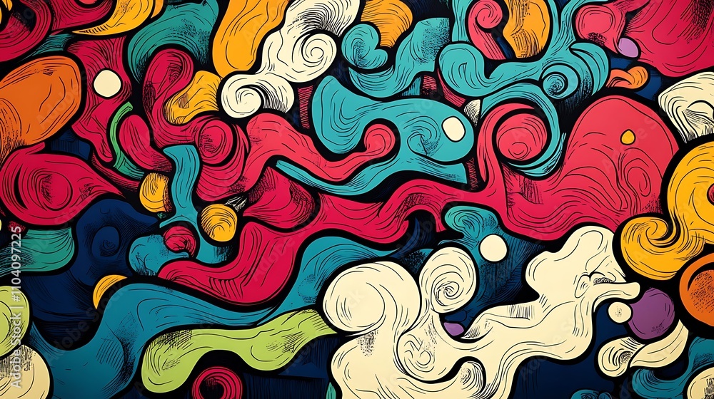 Artistic flyer featuring whimsical doodles and colorful abstract forms Artistic flyer featuring whimsical doodles and colorful abstract forms