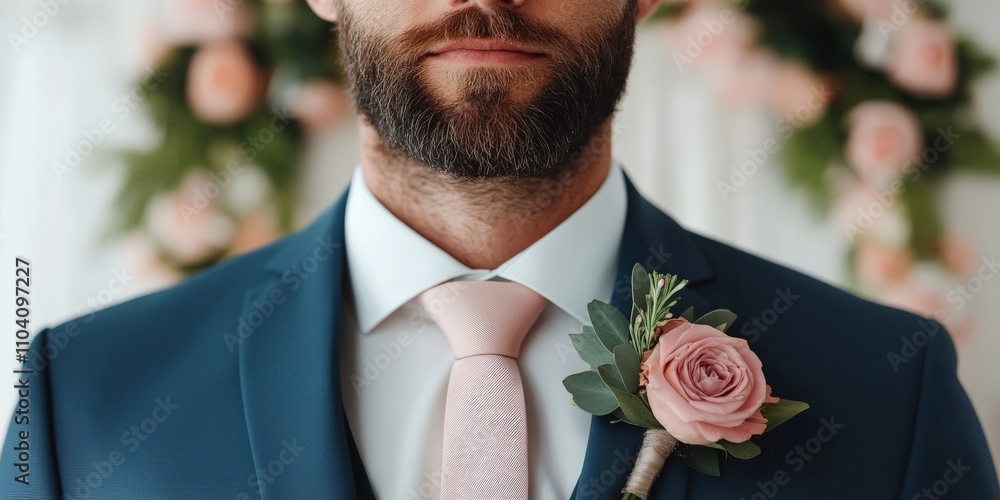 A handsome groom stands confidently dressed in a tailored blue suit, featuring a pink rose boutonniere, ready for his wedding day amidst a soft floral backdrop. A handsome groom stands confidently dressed in a tailored blue suit, featuring a pink rose boutonniere, ready for his wedding day amidst a soft floral backdrop.