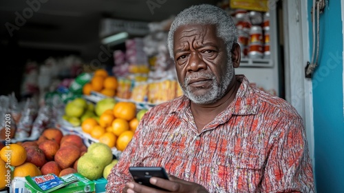 Excitement in the market as a man discovers fresh fruit and drinks while checking his phone in Guaynabo, Cuba photo