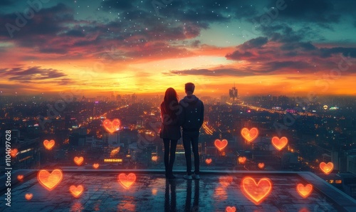 Romantic Rooftop Couple Watching City Sunset