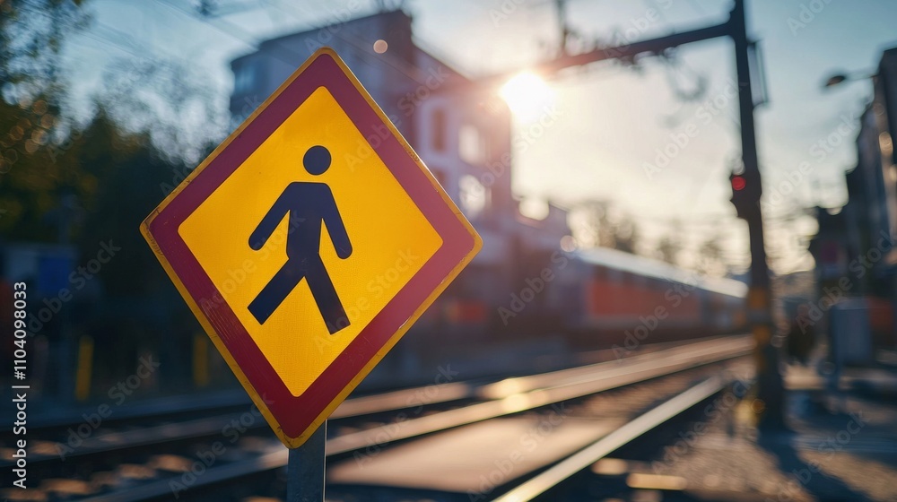 A pedestrian warning sign near train tracks at sunset, indicating caution for walkers in a transport area. A pedestrian warning sign near train tracks at sunset, indicating caution for walkers in a transport area.