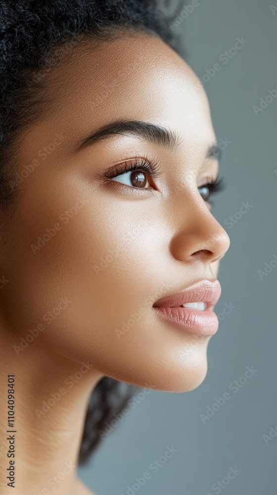 Naklejka premium Close-up profile of a serene woman with flawless, glowing skin and an expression of peaceful contemplation, exemplifying natural beauty and purity in portraiture.