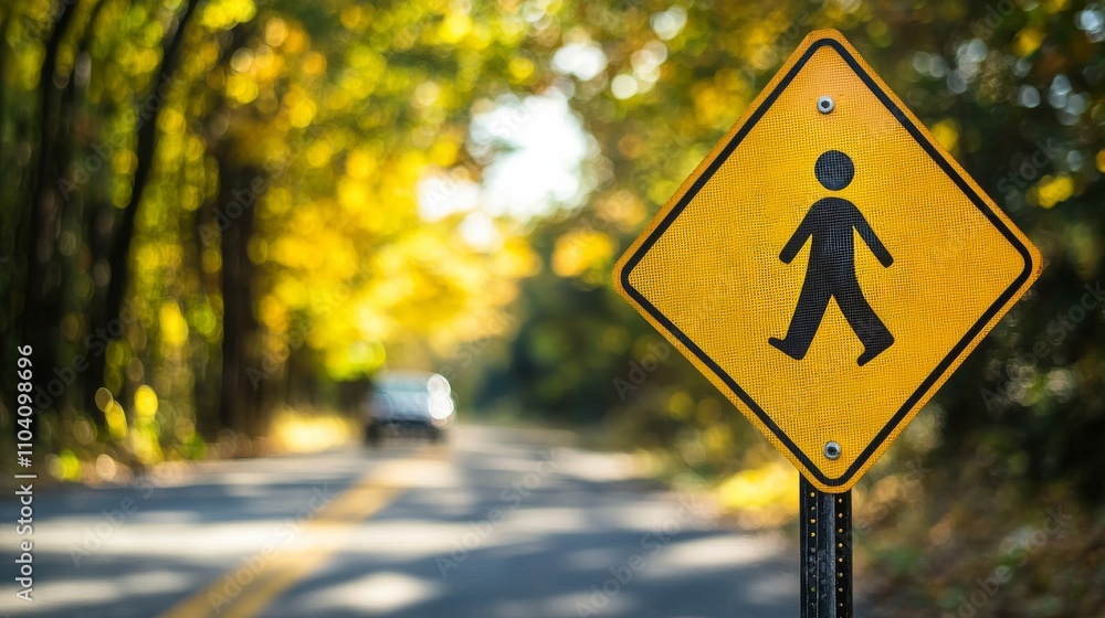 A pedestrian crossing sign stands by a winding road surrounded by vibrant autumn foliage, indicating a safe crossing area for walkers. A pedestrian crossing sign stands by a winding road surrounded by vibrant autumn foliage, indicating a safe crossing area for walkers.