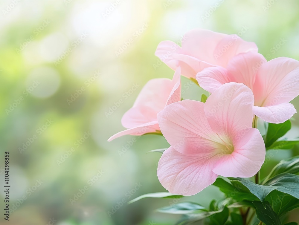 Delicate pink flowers bloom softly against a blurred green background, evoking feelings of tranquility, Ideal for nature themes, floral designs, or spring events, Delicate pink flowers bloom softly against a blurred green background, evoking feelings of tranquility, Ideal for nature themes, floral designs, or spring events,