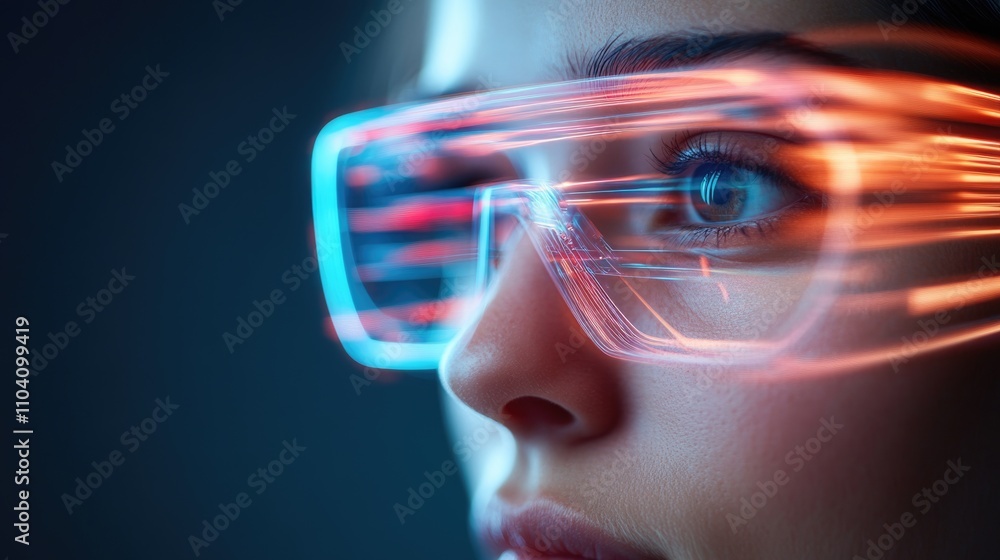 Futuristic VR glasses. Neon-colored glowing lines projecting from a person s VR glasses, vibrant virtual exploration mood Futuristic VR glasses. Neon-colored glowing lines projecting from a person s VR glasses, vibrant virtual exploration mood