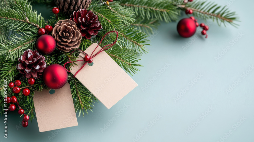 Christmas wreath adorned with red ornaments, pine cones, and blank tags. Perfect for holiday decorations and festive celebrations Christmas wreath adorned with red ornaments, pine cones, and blank tags. Perfect for holiday decorations and festive celebrations