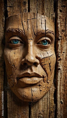 Abstract human face painted on wood bark.