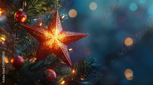 Sparkling Red Star Ornament Hanging on Christmas Tree Branch