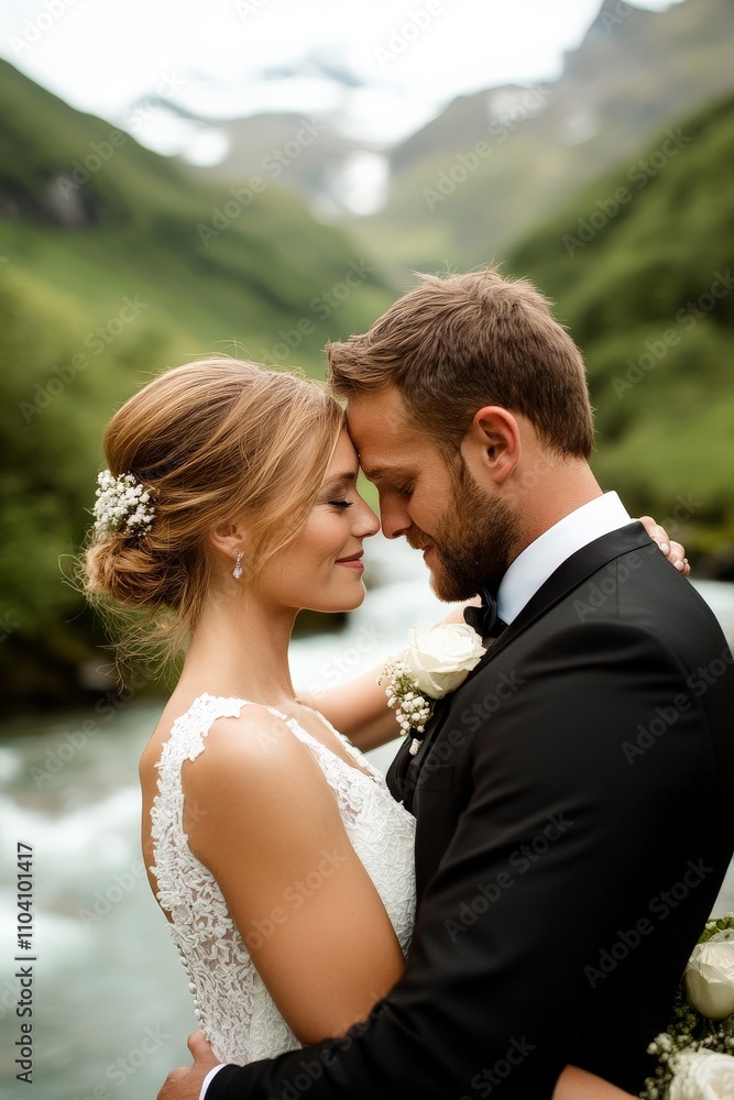 A loving couple shares a tender moment by a picturesque river, surrounded by lush greenery and mountains, evoking romance, nature, and serenity. A loving couple shares a tender moment by a picturesque river, surrounded by lush greenery and mountains, evoking romance, nature, and serenity.