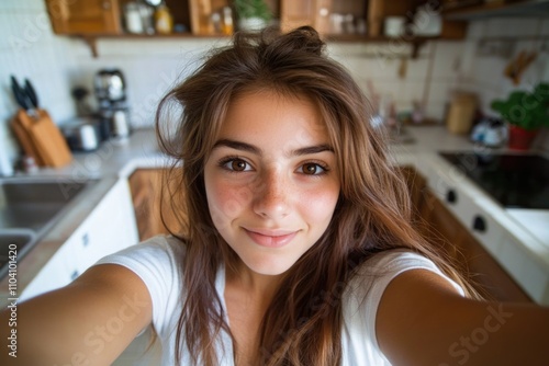 A person taking a photo of themselves with a smartphone in a modern kitchen