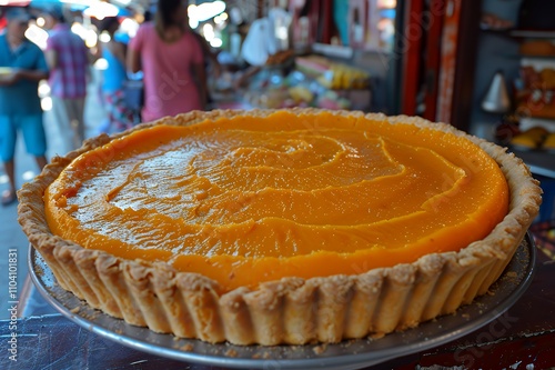 A large pumpkin pie displayed at a market, highlighting its smooth, bright orange filling.