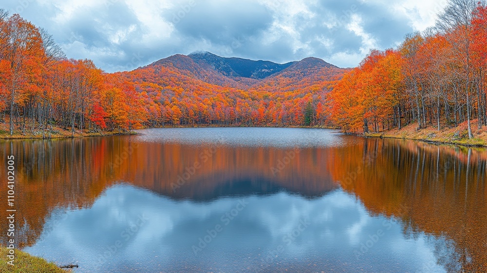 Obraz premium A serene lake surrounded by vibrant autumn foliage and mountains under a cloudy sky.