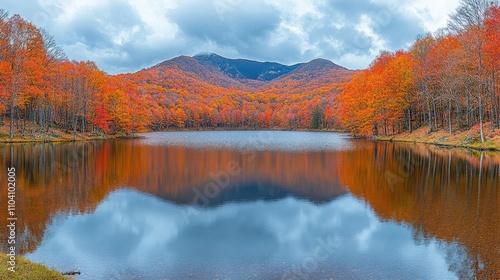 A serene lake surrounded by vibrant autumn foliage and mountains under a cloudy sky.