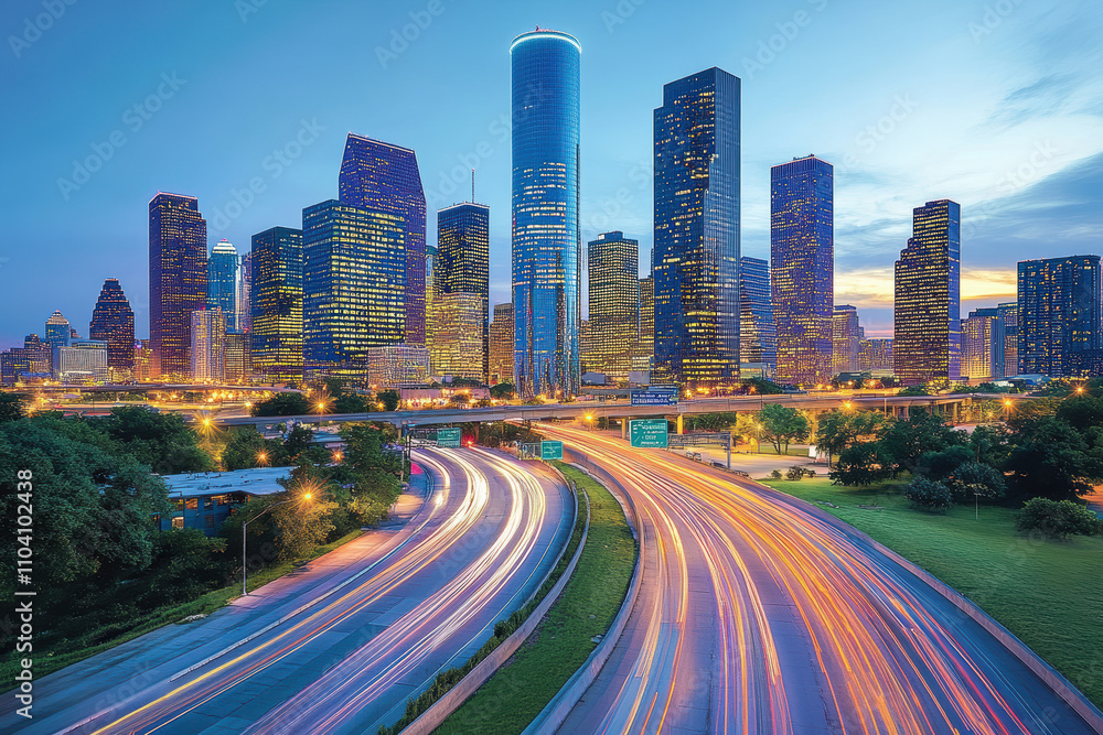 Fototapeta premium High-rise buildings and traffic lights at night