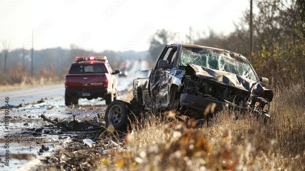 Obraz premium A damaged truck is abandoned along a roadside, with a police vehicle in the background, highlighting the aftermath of an accident.