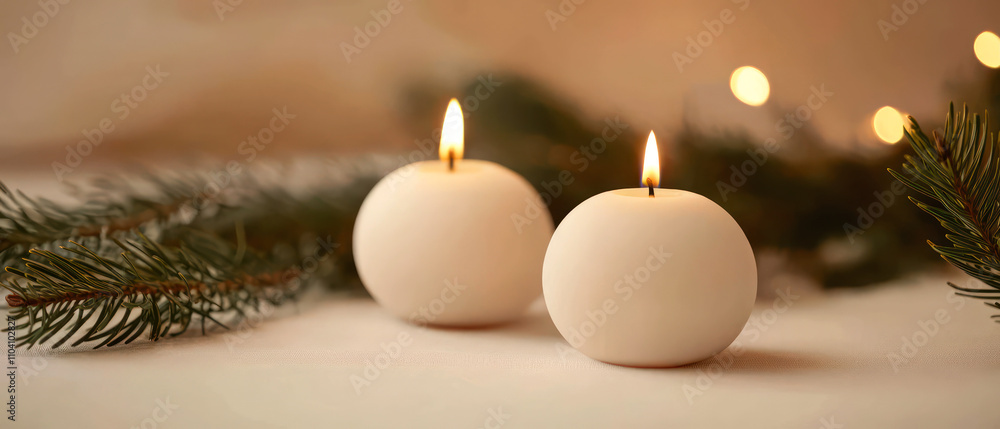 Cozy composition with pastel christmas balls, candles, fir branches. Minimal mockup for holidays. New year background. Generative ai Cozy composition with pastel christmas balls, candles, fir branches. Minimal mockup for holidays. New year background. Generative ai