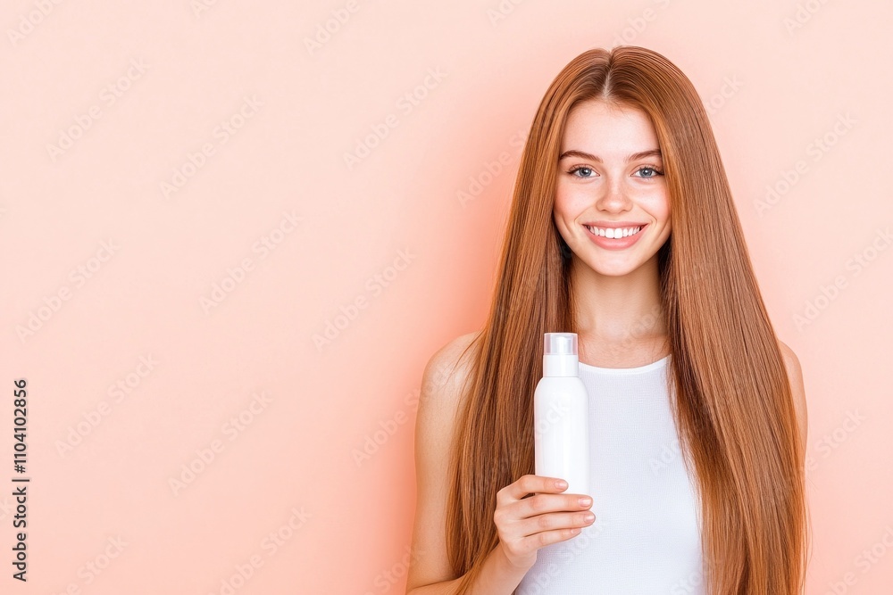 Woman with long straight hair holding white bottle Woman with long straight hair holding white bottle
