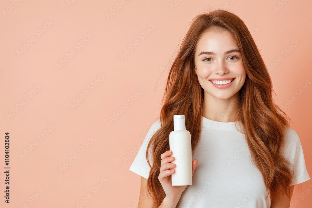 Smiling woman with flowing hair holding a bottle. Smiling woman with flowing hair holding a bottle.