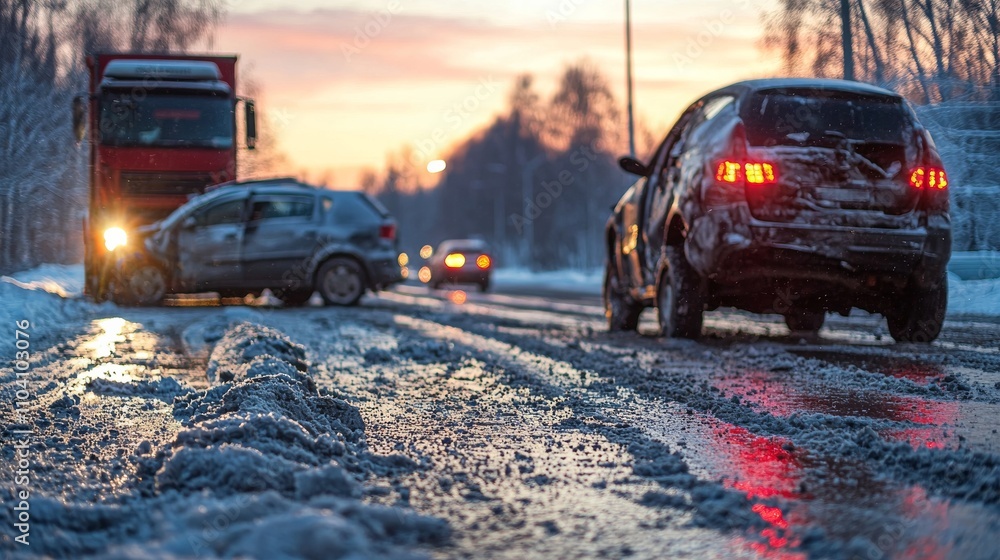 A winter scene featuring cars navigating a snowy, icy road during sunset, highlighting challenging driving conditions and a slight accident. A winter scene featuring cars navigating a snowy, icy road during sunset, highlighting challenging driving conditions and a slight accident.