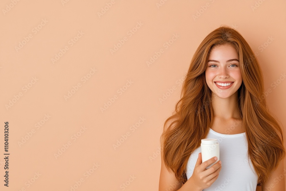 Red-haired woman smiling, holding deodorant bottle. Red-haired woman smiling, holding deodorant bottle.
