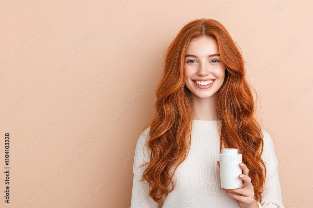 Smiling woman holding skincare product against peach wall Smiling woman holding skincare product against peach wall
