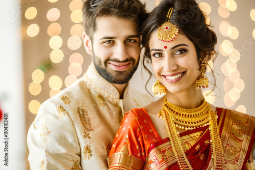 Joyful couple in traditional Indian wedding attire surrounded by festive lights