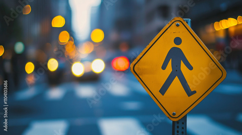 A pedestrian crossing sign stands out against a blurred city backdrop, highlighting urban life and safety in a bustling environment.