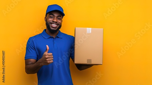 A happy delivery man gives a thumbs-up while holding a package against a bright yellow background.